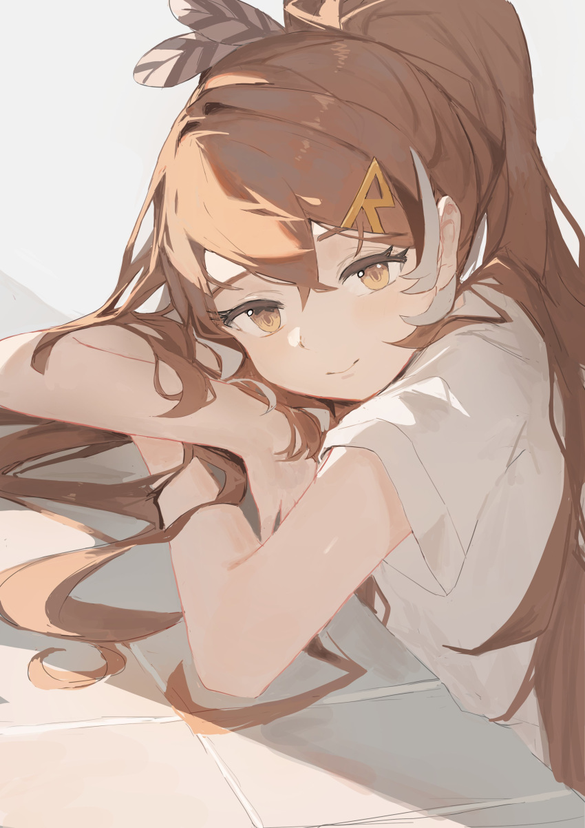 1girl, absurdres, brown_eyes, brown_hair, closed_mouth, crossed_arms, dimas_(dimas79756948), feather_hair_ornament