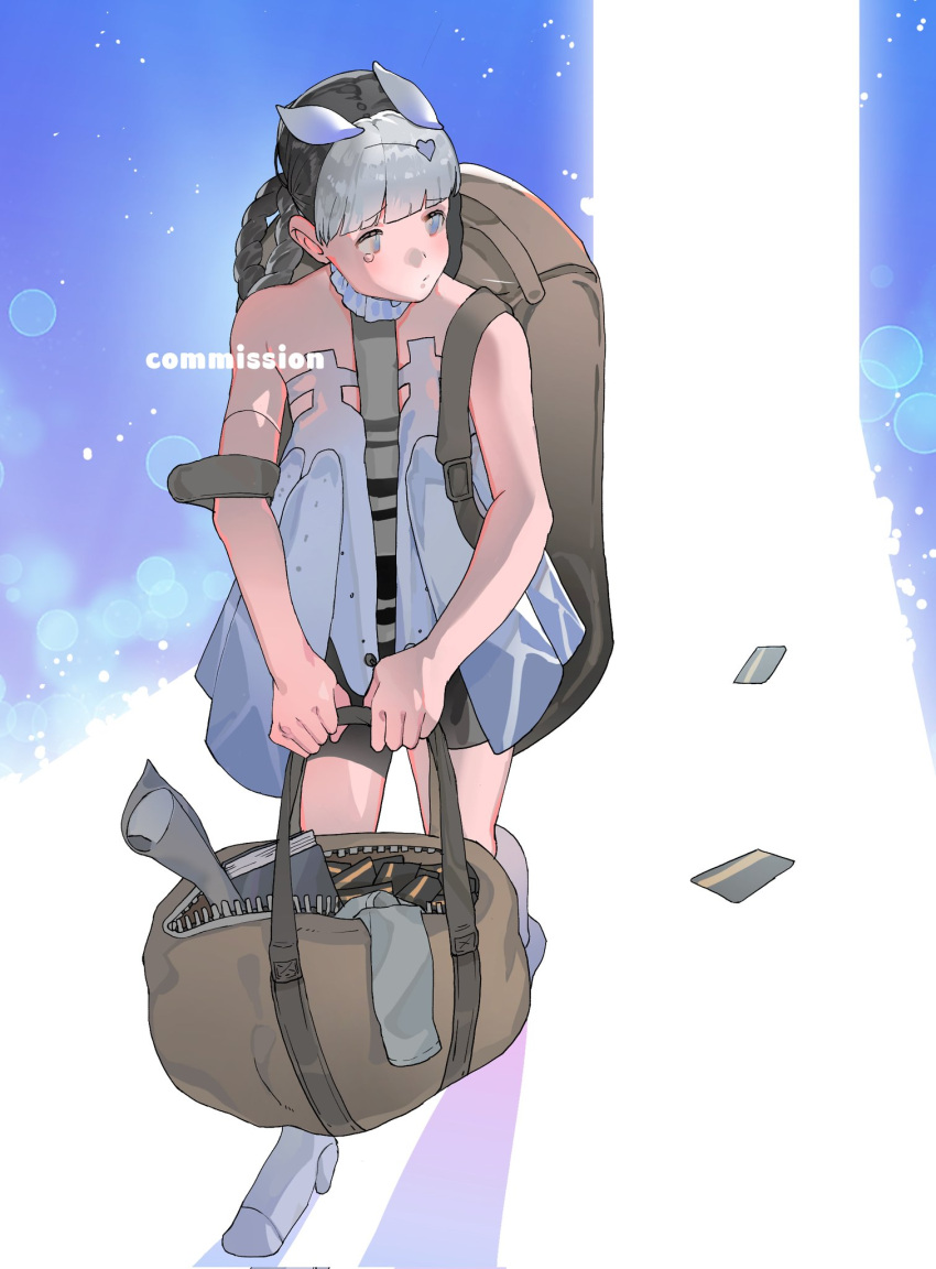 1girl, animal_ears, backpack, bag, bambinata:_vitrum_(punishing:_gray_raven), black_hair, black_shorts, braid