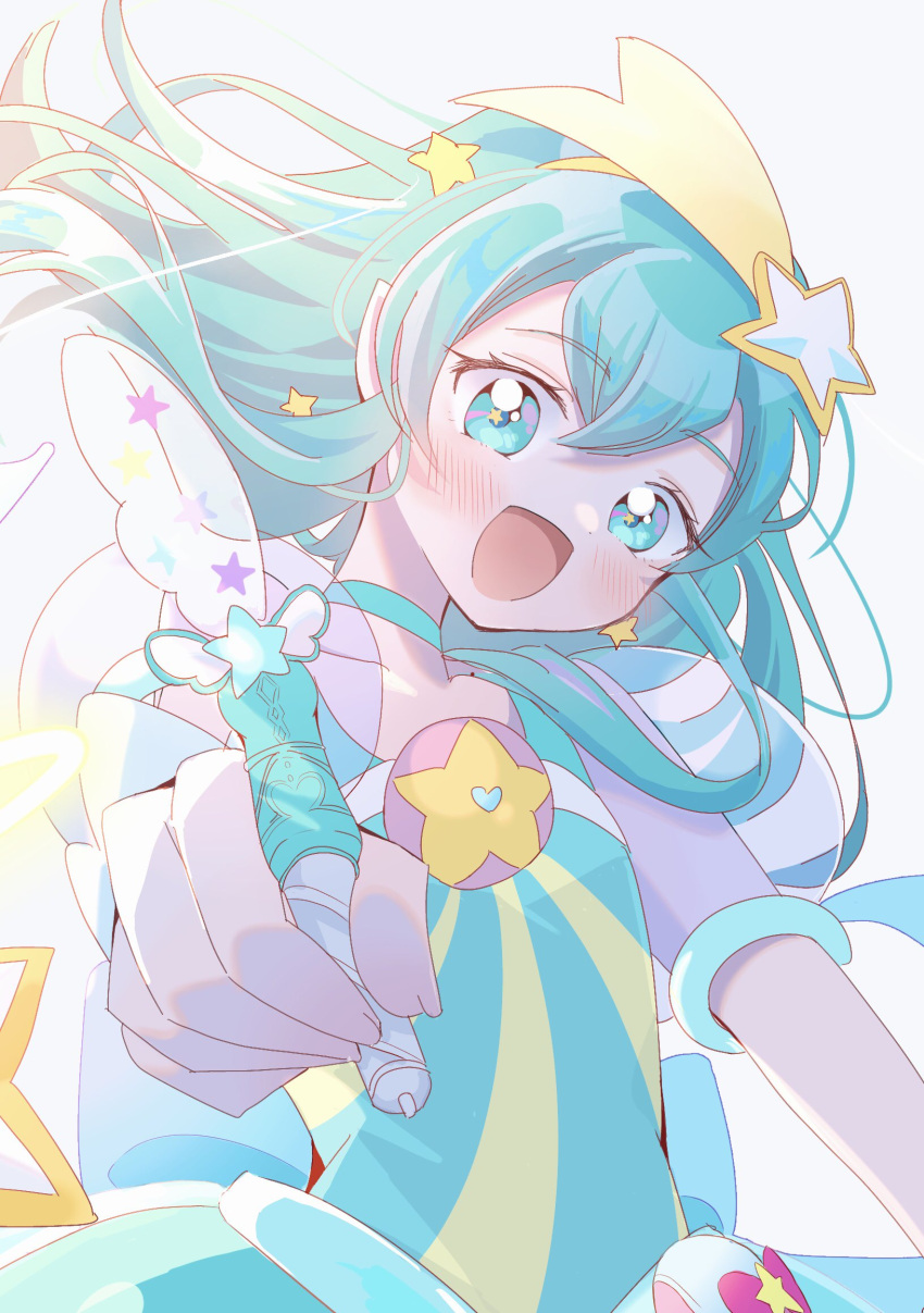 1girl, aqua_choker, aqua_hair, blue_eyes, blush, choker, commentary_request, cure_milky