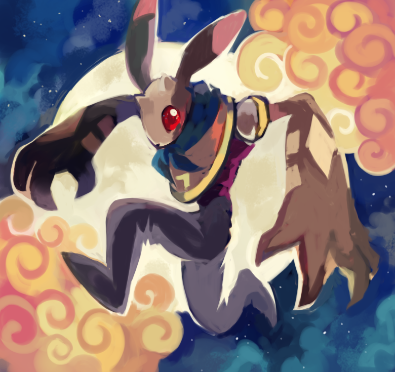 andiramon_(deva), brown_fur, clouds, digimon, extyrannomon, full_moon, horns, jumping, looking_at_viewer, moon, night, night_sky, pointy_ears, rabbit, red_eyes, scarf, sky