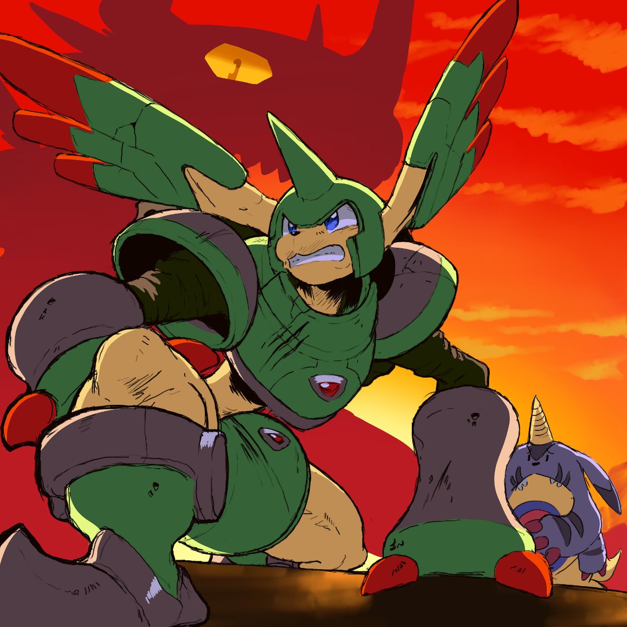 angry, arm_cannon, armor, blue_eyes, cannon, digimon, digimon_tamers, dual_arm_cannons, highres, horns, looking_at_another, only_jerry, rapidmon, rapidmon_perfect, teeth, triangle, weapon