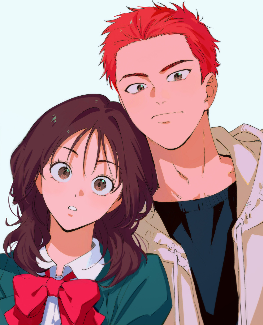 1boy, 1girl, absurdres, akagi_haruko, black_shirt, blue_background, brown_eyes, brown_hair