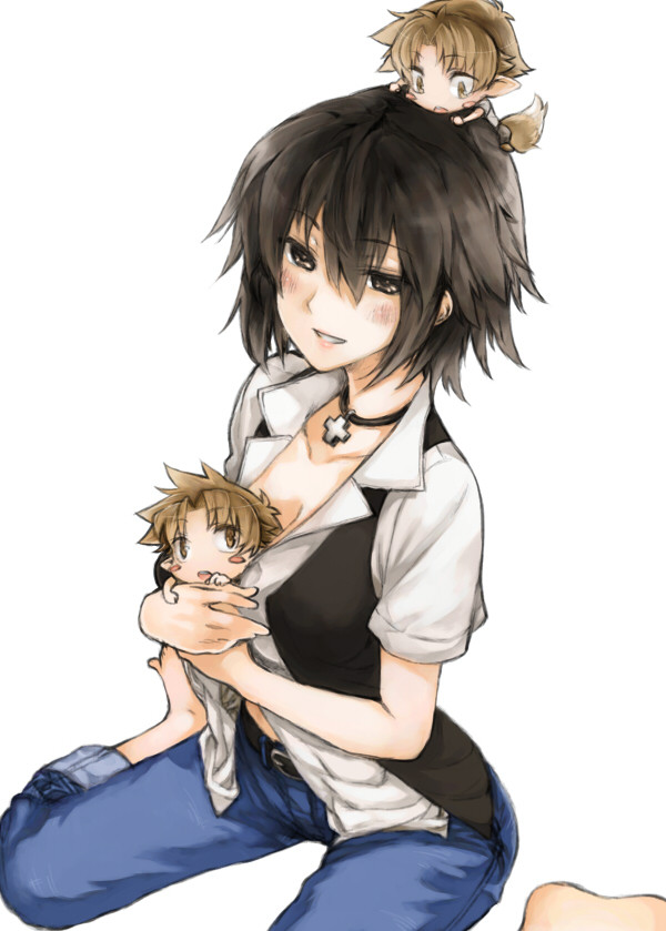 baka_to_test_to_shoukanjuu, barefoot, blush_stickers, breasts, brown_hair, chibi, cleavage, dog_ears