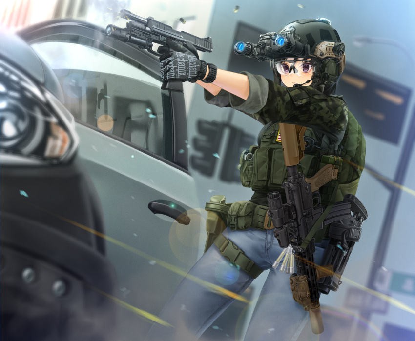 absurdres, ar-15, camouflage, camouflage_jacket, car, casing_ejection, commission, cowboy_shot
