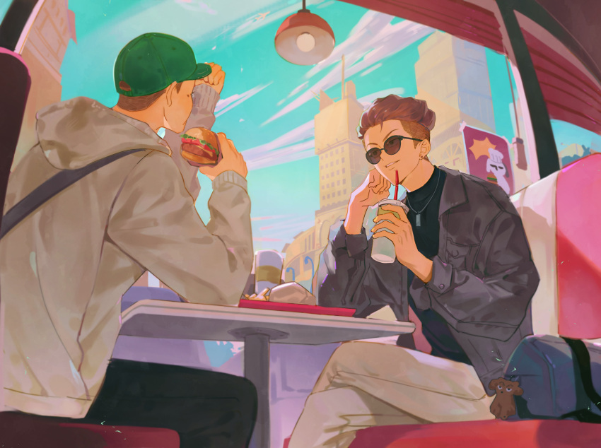 2boys, absurdres, bag, baseball_cap, bishounen, black_pants, black_shirt, booth_seating
