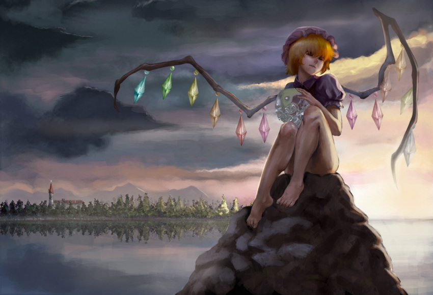 barefoot, blonde_hair, bottomless, cloud, flandre_scarlet, hat, lake, legs