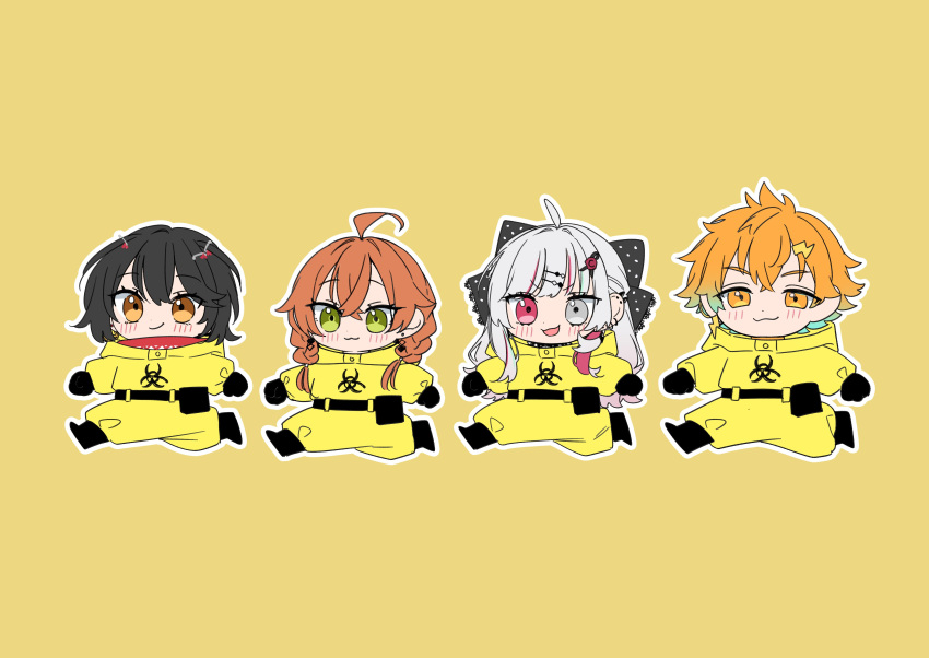 1boy, 3girls, 4girls, :3, :o, absurdres, ahoge, biohazard_symbol