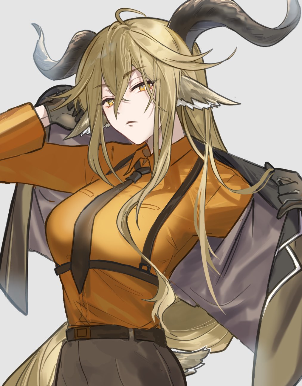 1girl, ahoge, animal_ear_fluff, animal_ears, arknights, asymmetrical_sidelocks, belt, belt_buckle, blonde_hair, breasts, bright_pupils, brown_belt, brown_necktie, brown_pants, buckle, chest_harness, chinese_commentary, closed_mouth, collared_shirt, commentary_request, cowboy_shot, crossed_bangs, degenbrecher_(arknights), double-parted_bangs, dress_shirt, expressionless, eyelashes, from_side, gloves, goat_ears, goat_girl, goat_horns, goat_tail, green_gloves, green_jacket, grey_background, hair_between_eyes, hair_flowing_over, hands_up, harness, head_tilt, highres, holding, holding_clothes, holding_jacket, horns, jacket, lapels, large_breasts, long_bangs, long_hair, long_sleeves, looking_at_viewer, mabing, military, military_jacket, military_uniform, necktie, notched_lapels, open_clothes, open_jacket, orange_shirt, pants, putting_on_jacket, shadow, shirt, sidelocks, sideways_glance, simple_background, solo, standing, straight_hair, tail, uniform, very_long_hair, white_pupils, wing_collar, yellow_eyes