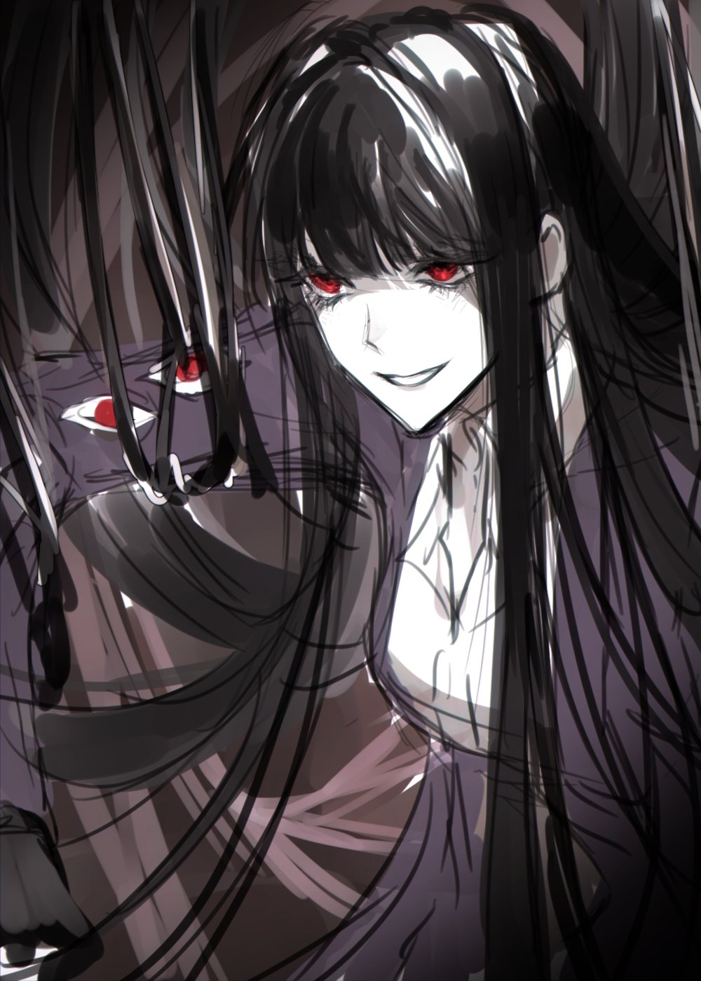 1girl, black_gloves, black_hair, e.g.o_(project_moon), gloves, grin, highres, jacket