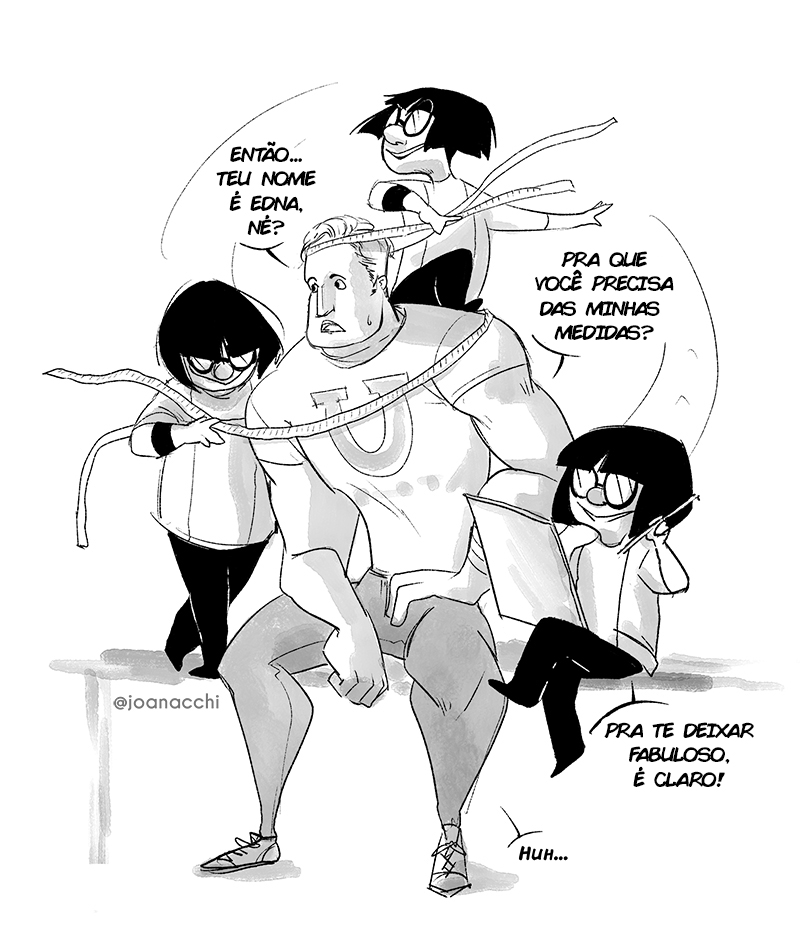 1boy, 1girl, artist_name, confused, edna_mode, glasses, jacket, jojo_fraga, monochrome, mr._incredible, muscular, muscular_male, pants, parted_lips, portuguese_text, short_hair, sitting, standing, standing_on_person, sweatdrop, tape_measure, the_incredibles