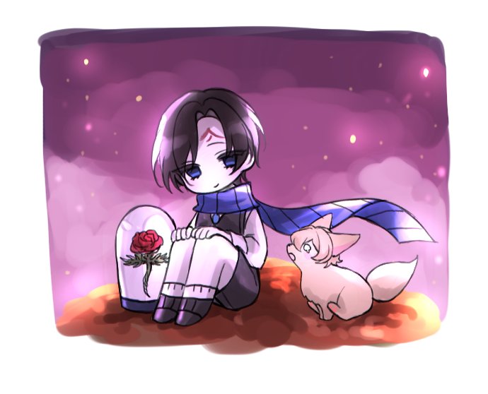 1boy, animalization, black_footwear, black_hair, black_shorts, black_vest, blue_eyes, blue_scarf, closed_mouth, demian_(project_moon), fox, le_petit_prince, limbus_company, lunacy_(limbus_company), luull, project_moon, scarf, shoes, shorts, sinclair_(project_moon), sitting, smile, socks, solo, vest, white_socks