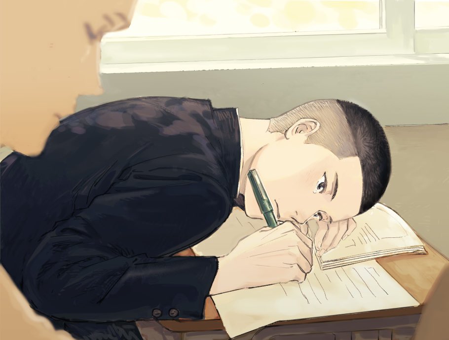 1boy, 1other, black_eyes, black_hair, buzz_cut, gakuran, head_on_table, indoors