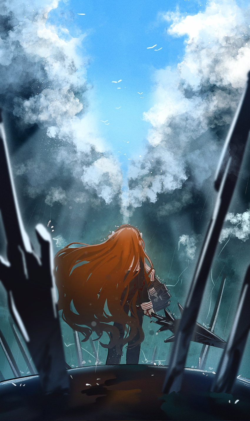 1girl, bird, black_pants, black_shirt, blue_sky, clouds, harpoon, highres