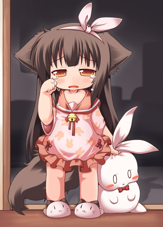 bell, child, dog_ears, dog_tail, dress, hairband, kuroneko_liger, long_hair, manaka, original, slippers, stuffed_animal, stuffed_toy, tail, tears, very_long_hair