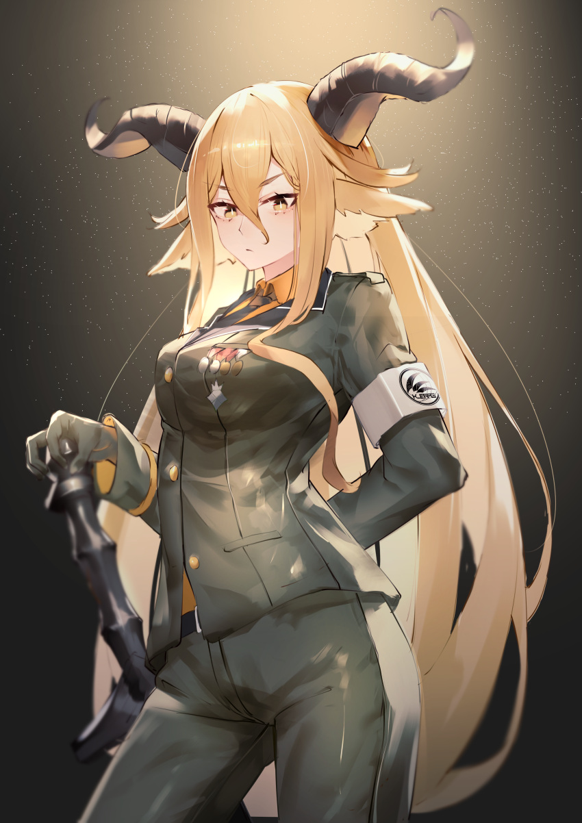 1girl, absurdres, animal_ear_fluff, animal_ears, arknights, arm_behind_back, armband, asymmetrical_sidelocks