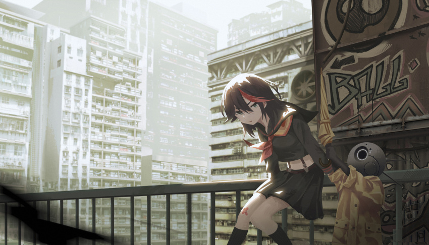 1girl, against_railing, bandaid, bandaid_on_leg, black_hair, black_sailor_collar, black_serafuku, black_shirt, black_skirt, cityscape, highres, kill_la_kill, kongaxl, looking_at_viewer, matoi_ryuuko, multicolored_hair, neckerchief, pleated_skirt, railing, red_neckerchief, redhead, sailor_collar, school_uniform, serafuku, shirt, short_hair, skirt, streaked_hair, two-tone_hair
