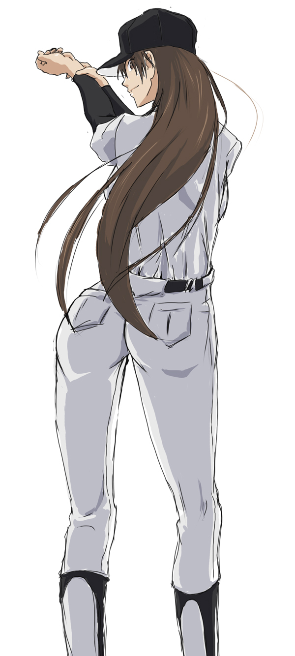 baseball_cap, baseball_uniform, brown_eyes, brown_hair, from_behind, hat, highres, kyabakurabakufu