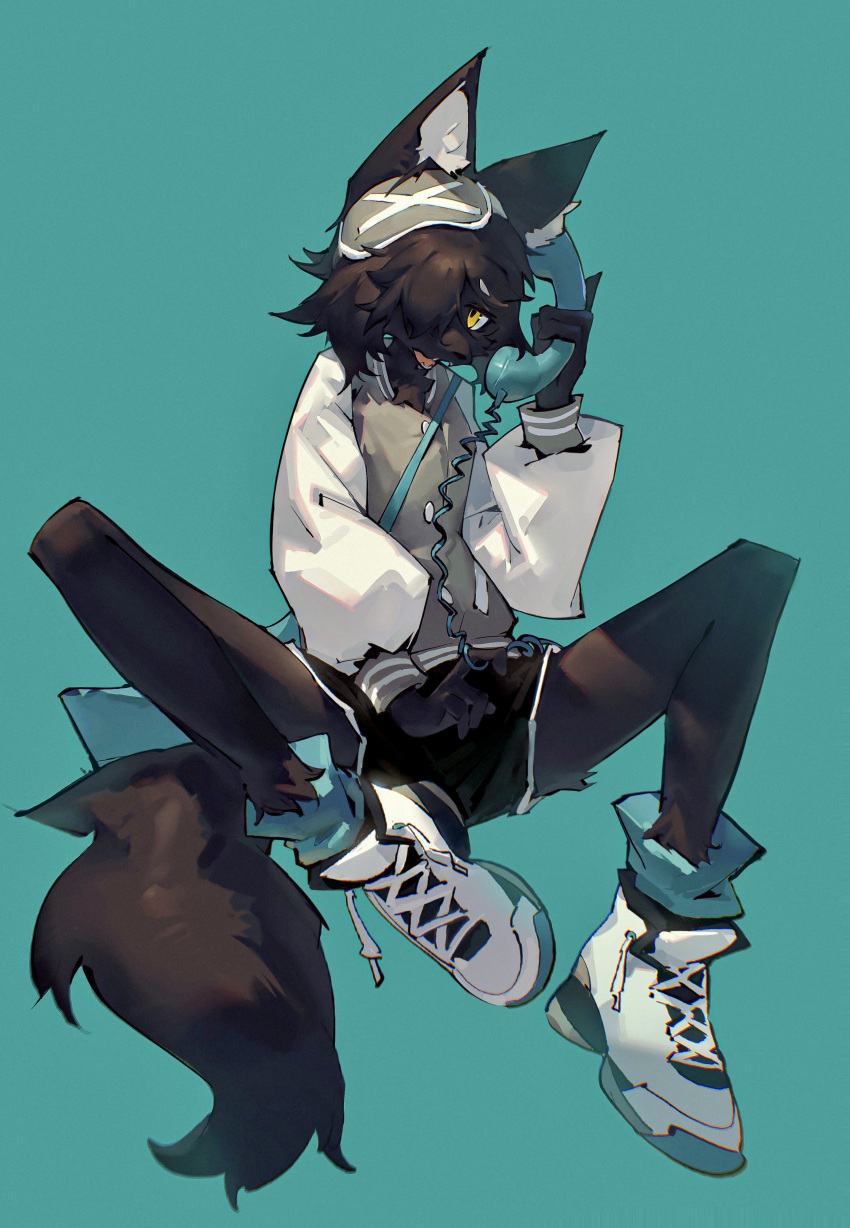 1girl, absurdres, animal_ear_fluff, animal_ears, aqua_background, aqua_leg_warmers, black_fur, black_hair, black_shorts, body_fur, brown_vest, buttons, corded_phone, cross-laced_footwear, dolphin_shorts, drawstring, fangs, from_side, frown, full_body, furry, furry_female, hair_over_one_eye, highres, holding, holding_phone, knees_up, leg_warmers, long_sleeves, looking_at_viewer, messy_hair, one_eye_covered, open_mouth, original, phone, shiiorina, shirt, shoes, short_hair, short_shorts, shorts, simple_background, sitting, sneakers, solo, tail, vest, white_footwear, white_shirt, wolf_ears, wolf_girl, wolf_tail, yellow_eyes