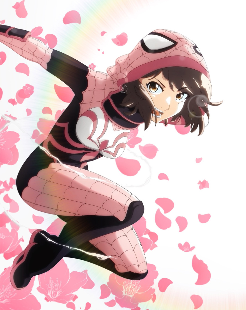 1girl, black_bodysuit, bodysuit, breasts, brown_eyes, brown_hair, cherry_blossoms, floating_hair