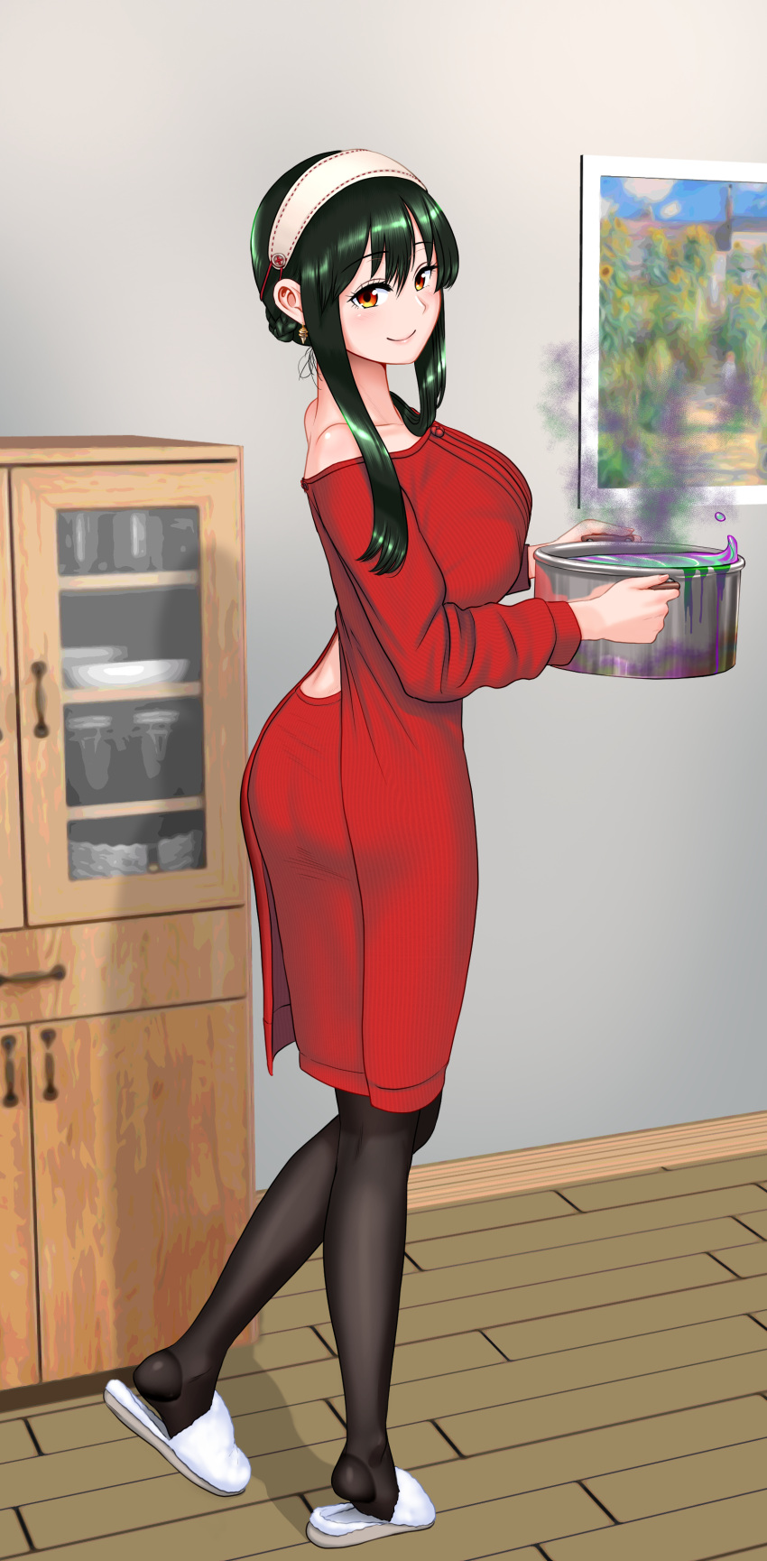 1girl, absurdres, black_hair, black_pantyhose, closed_mouth, cooking_pot, full_body, hadairo_rainbow