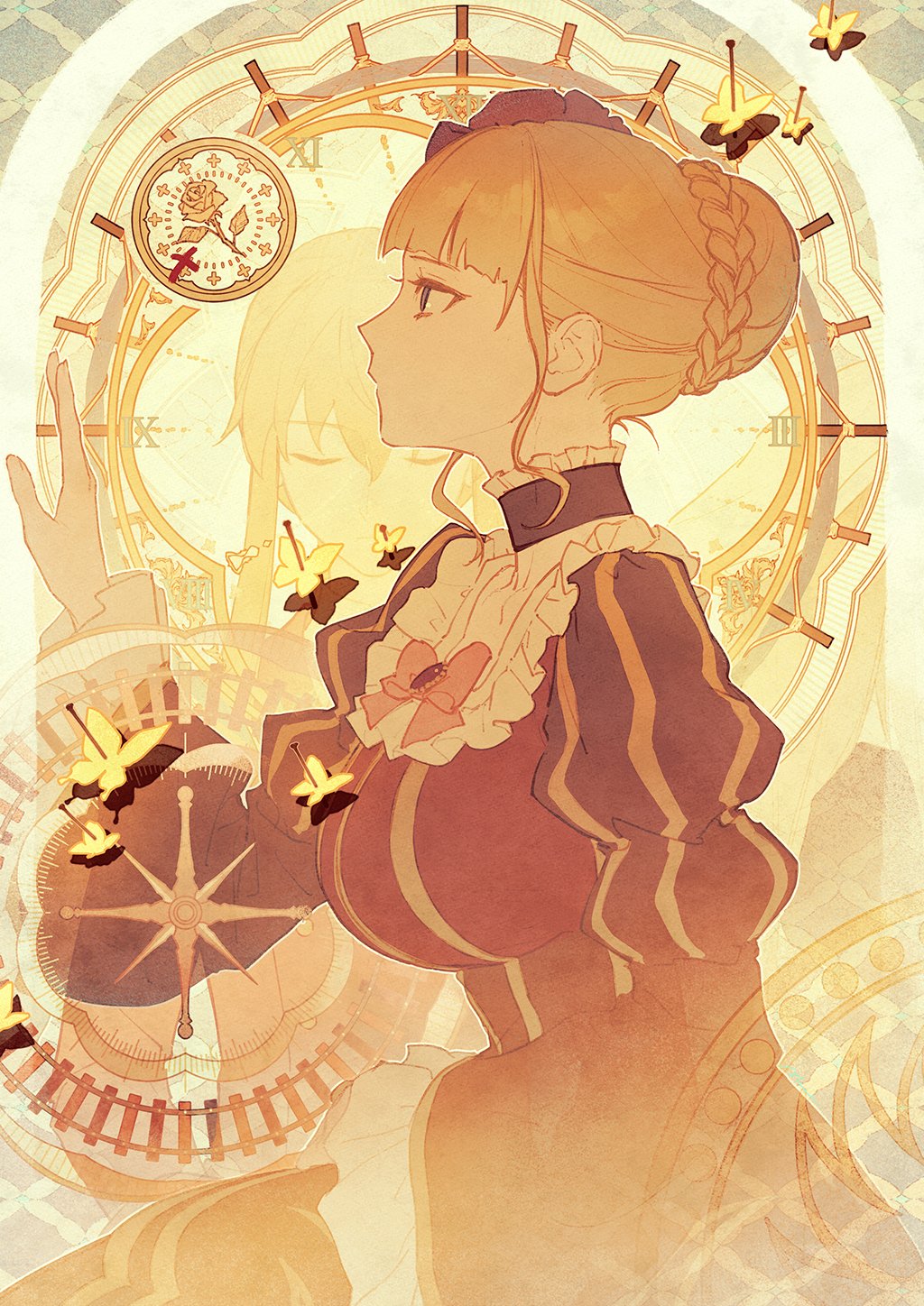 aluce, beatrice_(umineko), blonde_hair, blunt_bangs, bow, braid, braided_bun, brown_dress, bug, butterfly, choker, clock, collarbone, compass_rose, dress, flower, french_braid, frilled_dress, frilled_sleeves, frills, from_side, gold_trim, hair_bun, hair_ornament, hand_up, highres, insect_pin, juliet_sleeves, long_sleeves, patterned_background, pinned, profile, puffy_sleeves, railroad_tracks, rose, sidelocks, single_hair_bun, striped, striped_dress, umineko_no_naku_koro_ni, vertical-striped_dress, vertical_stripes, wide_sleeves
