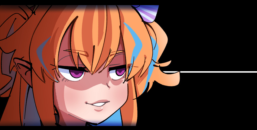 1girl, black_background, blue_eyes, commentary_request, gram_9, grin, hair_between_eyes, highres