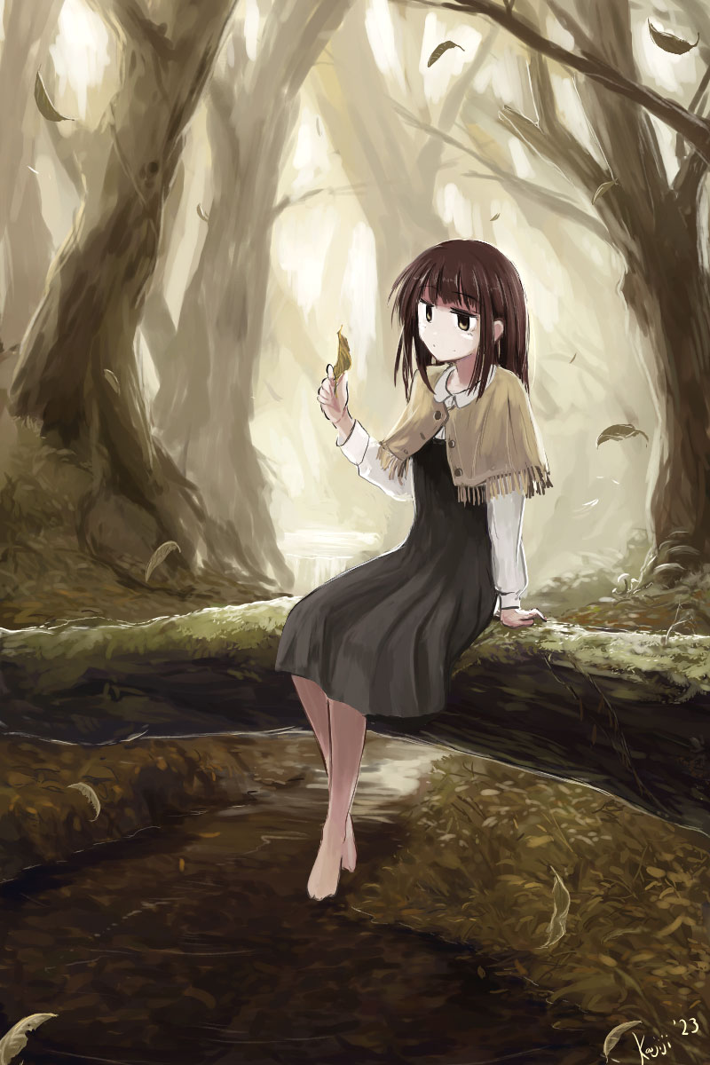 1girl, artist_name, bare_tree, barefoot, black_skirt, blunt_bangs, brown_capelet, brown_eyes, brown_hair, capelet, closed_mouth, commentary_request, dated, dress, expressionless, flat_chest, forest, fringe_trim, full_body, high-waist_skirt, highres, hime_cut, holding, holding_leaf, kajiji, leaf, long_hair, long_sleeves, medium_bangs, nature, opencanvas_(medium), original, outdoors, pinafore_dress, river, shirt, sidelocks, sitting, skirt, sleeveless, sleeveless_dress, solo, tree, water, white_shirt