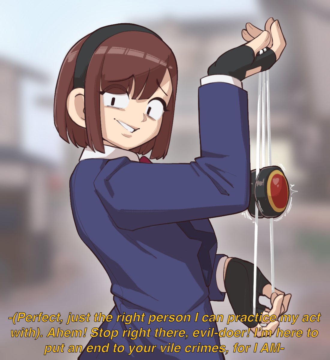 1girl, black_gloves, brown_hair, crazy_eyes, english_text, fingerless_gloves, gloves, grin