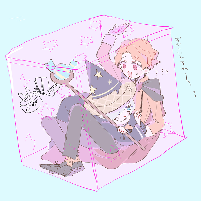 2boys, black_footwear, blue_robe, bow, bowtie, cinnamon_cookie, cookie_run, cube