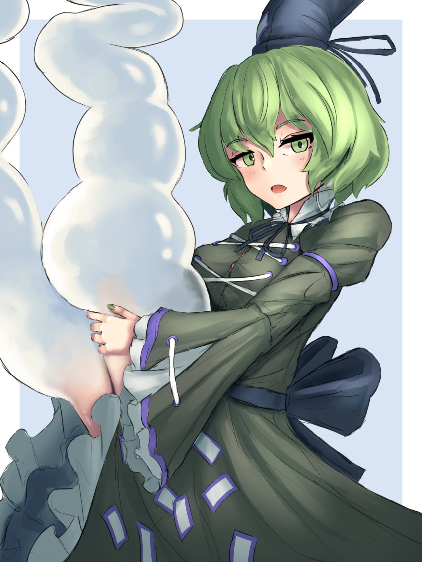 1girl, blue_background, blue_headwear, border, dress, green_dress, green_eyes, green_hair