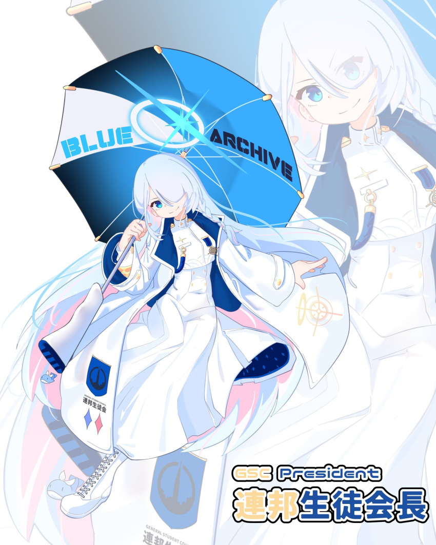 1girl, absurdres, blue_archive, blue_hair, general_student_council_president_(blue_archive), hexaa, highres, long_hair, long_skirt, looking_at_viewer, multicolored_hair, pink_hair, shirt, skirt, solo, two-tone_hair, white_shirt, white_skirt