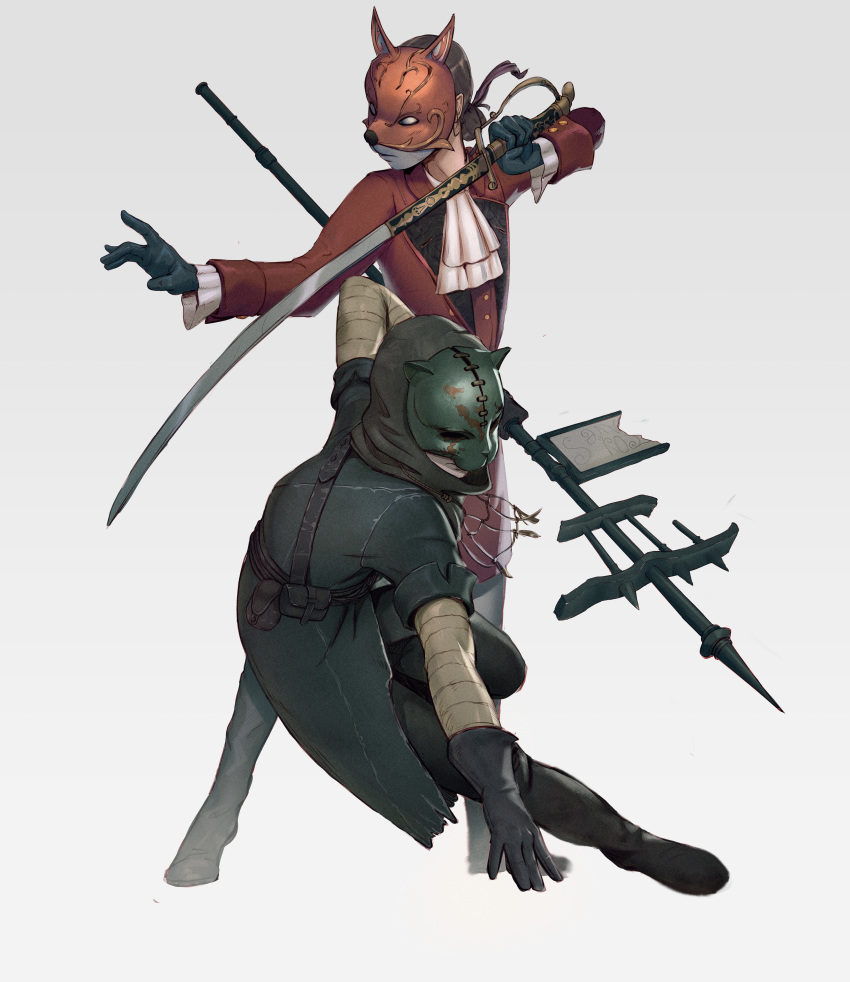 1boy, 1girl, absurdres, black_cat, cat, cat_mask, coat, fox_mask