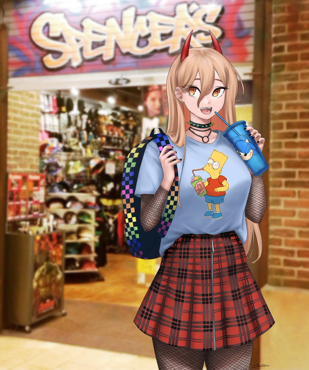 1girl, backpack, bag, bart_simpson, blonde_hair, brown_eyes, chainsaw_man, cross-shaped_pupils