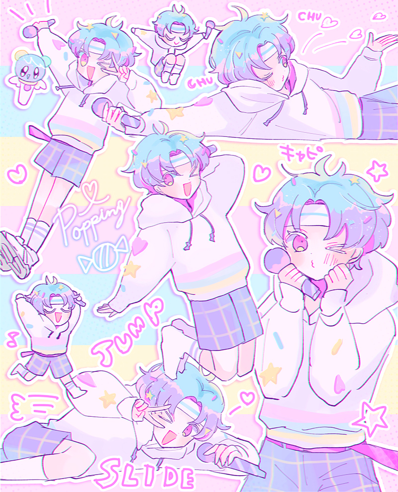 1boy, blue_hair, blush, chibi, closed_eyes, commentary, cookie_run, english_text
