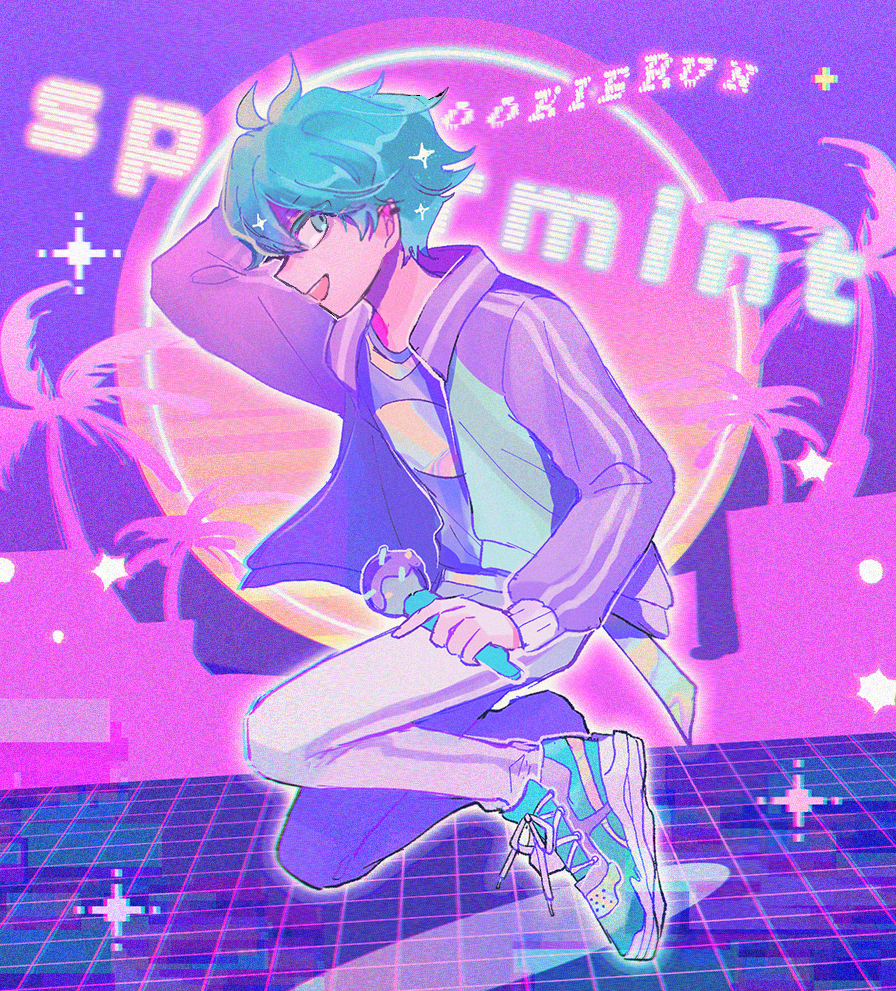 1boy, aqua_eyes, aqua_hair, blue_hair, character_name, commentary, cookie_run, copyright_name, from_side, holding, holding_microphone, humanization, looking_at_viewer, male_focus, mamimumemo, microphone, palm_tree, pants, personification, purple_shirt, purple_sweater, shirt, solo, spearmint_cookie, sweater, tree, white_pants