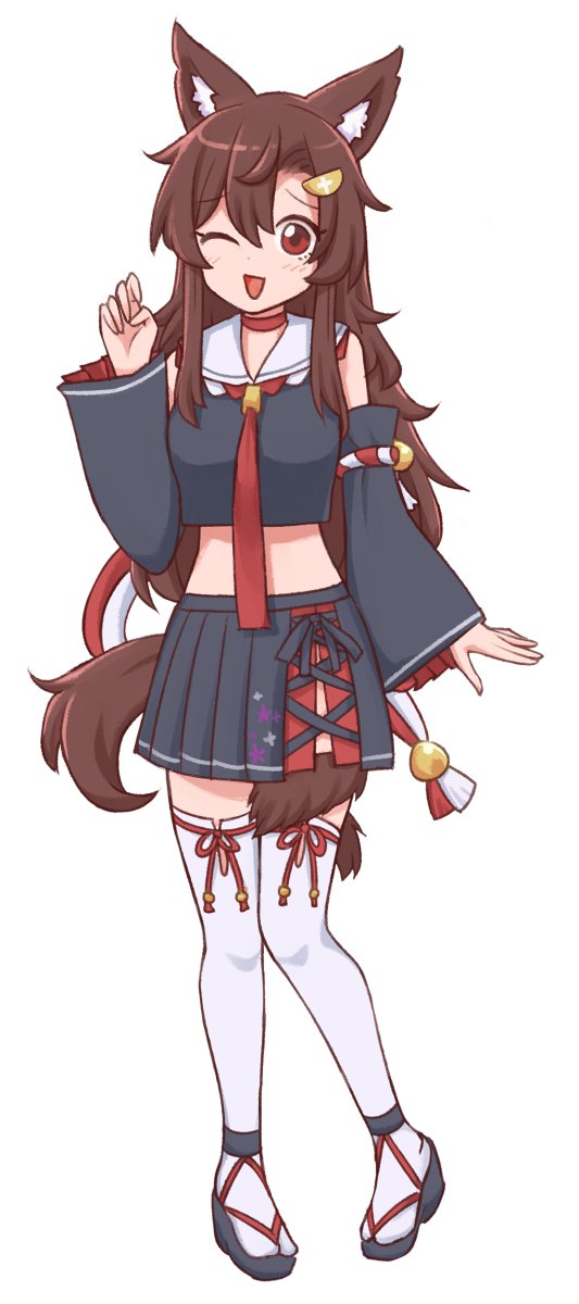 1girl, :d, animal_ears, asymmetrical_bangs, black_shirt, black_skirt, black_sleeves, brown_hair, choker, cosplay, cross-laced_slit, detached_sleeves, floral_print, hair_ornament, hairpin, highres, hololive, imaizumi_kagerou, kouhaku_nawa, long_hair, miniskirt, necktie, one_eye_closed, ookami_mio, ookami_mio_(1st_costume), ookami_mio_(cosplay), pleated_skirt, red_choker, red_eyes, red_necktie, rope, sandals, shimenawa, shirt, side_slit, simple_background, skirt, sleeveless, sleeveless_shirt, smile, tabi, tail, thigh-highs, touhou, white_background, white_thighhighs, wolf_ears, wolf_girl, wolf_tail, wool_(miwol)