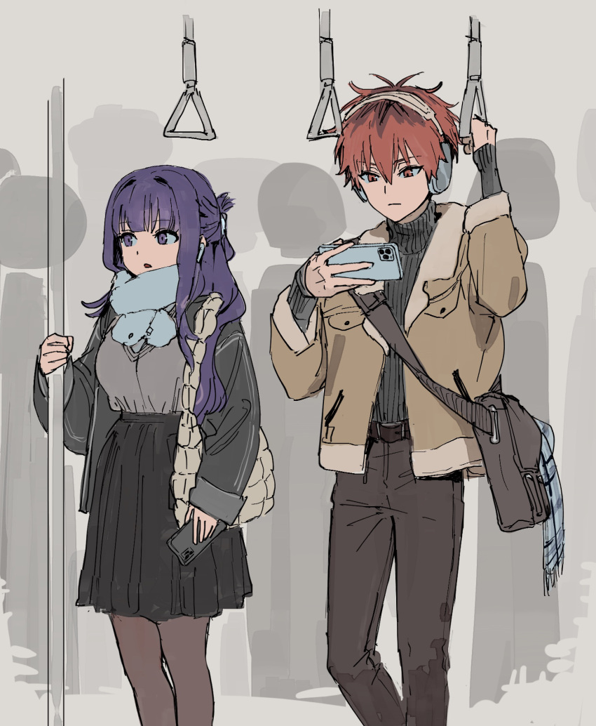 1boy, 1girl, alternate_costume, black_skirt, black_sweater, casual, cellphone, contemporary