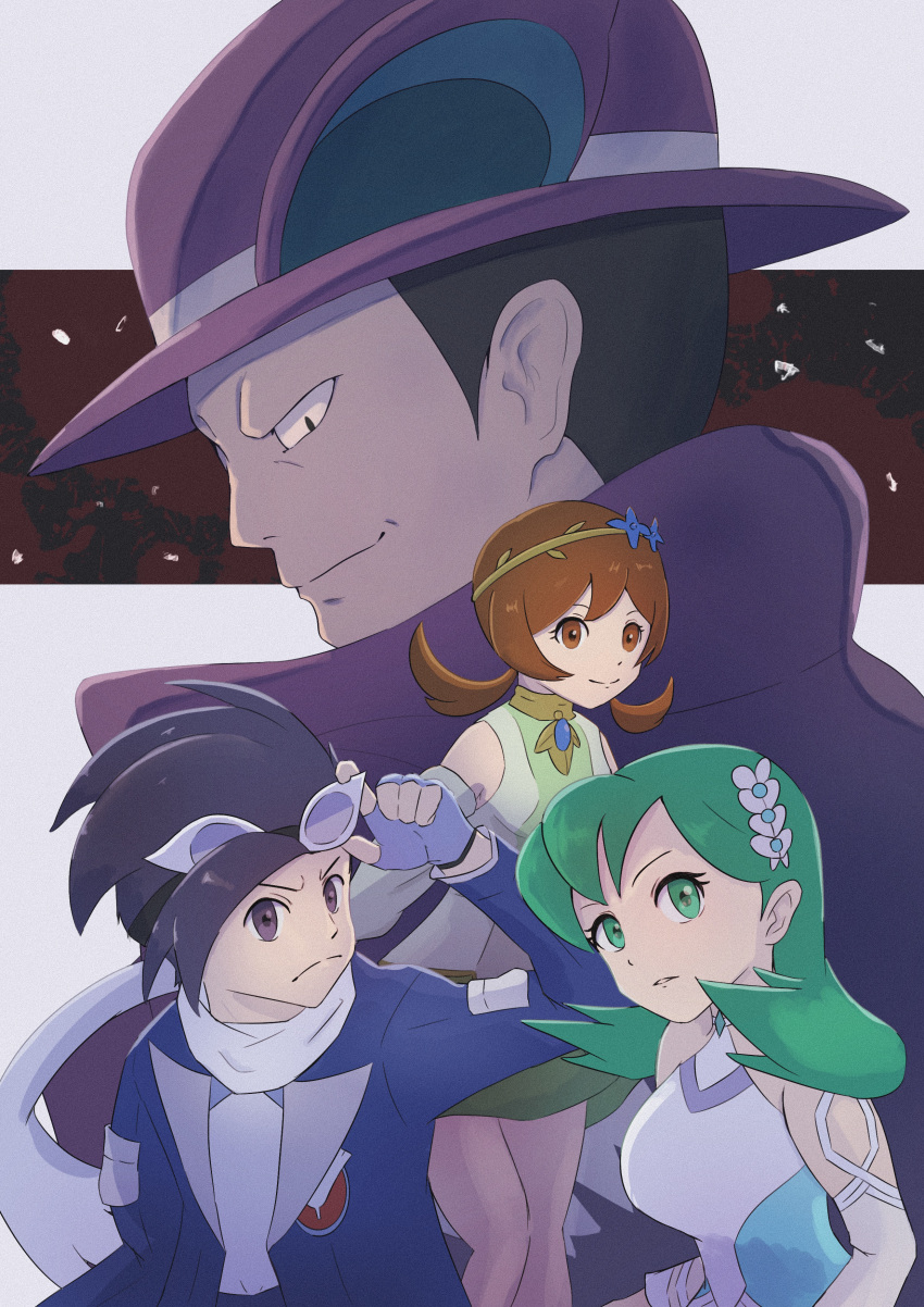 2boys, 2girls, absurdres, black_hair, blue_dress, blue_hair, brown_eyes, dark_blue_hair