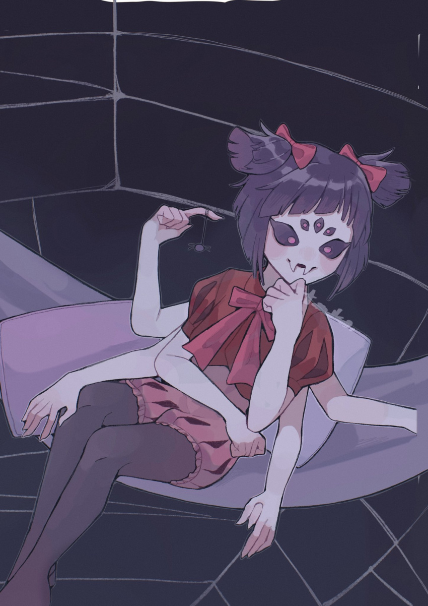 1girl, arthropod_girl, artist_name, black_background, black_hair, black_pantyhose, black_sclera, bloomers, blunt_bangs, bob_cut, bow, bowtie, bug, colored_sclera, colored_skin, commentary, curled_fingers, dangling, dark, extra_arms, extra_eyes, fangs, feet_out_of_frame, film_grain, hair_bow, hammock, hand_on_own_chin, highres, in_web, index_finger_raised, inverted_bob, light_blush, looking_down, muffet, pantyhose, parted_lips, pillow, pink_bloomers, puffy_pants, puffy_short_sleeves, puffy_sleeves, purple_skin, red_bow, red_bowtie, red_eyes, red_shirt, shirt, short_hair, short_sleeves, signature, silk, sitting, smile, solo, spider, spider_girl, spider_web, two_side_up, undertale, utdr_(toby_fox), yakitori_tanaka