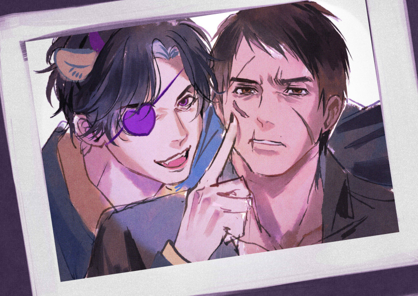 2boys, black_hair, black_nails, black_shirt, blue_jacket, brown_eyes, collared_shirt, eyepatch