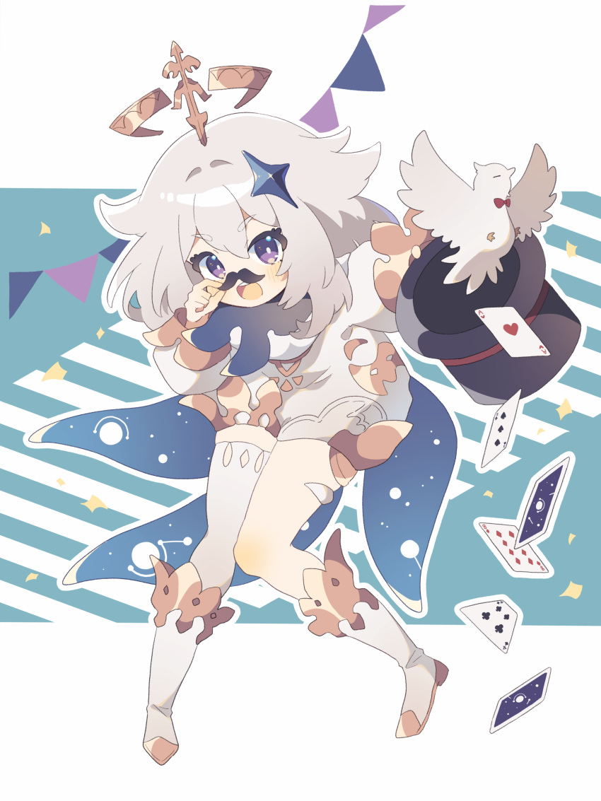 1girl, absurdres, ace_(playing_card), ace_of_hearts, aqua_background, arm_up, bird, black_cape