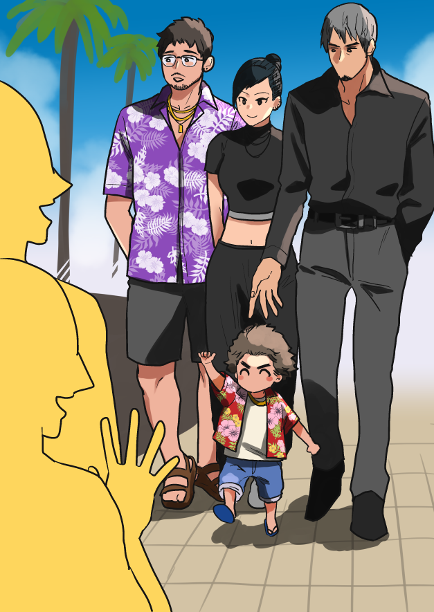 1girl, 3boys, ^_^, beard, belt, black_belt, black_hair, black_pants