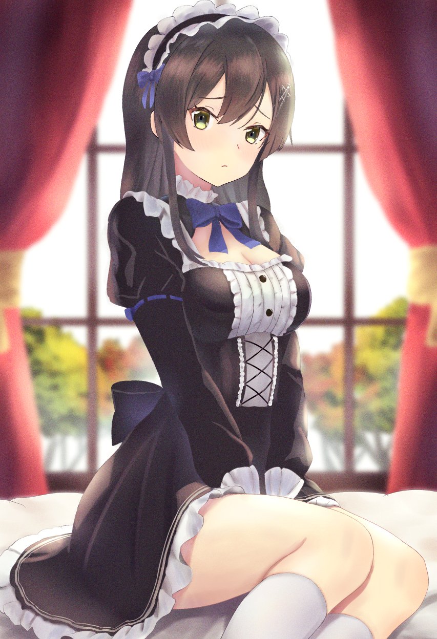 1girl, alternate_costume, between_legs, black_dress, black_hair, blue_necktie, blurry, blurry_background