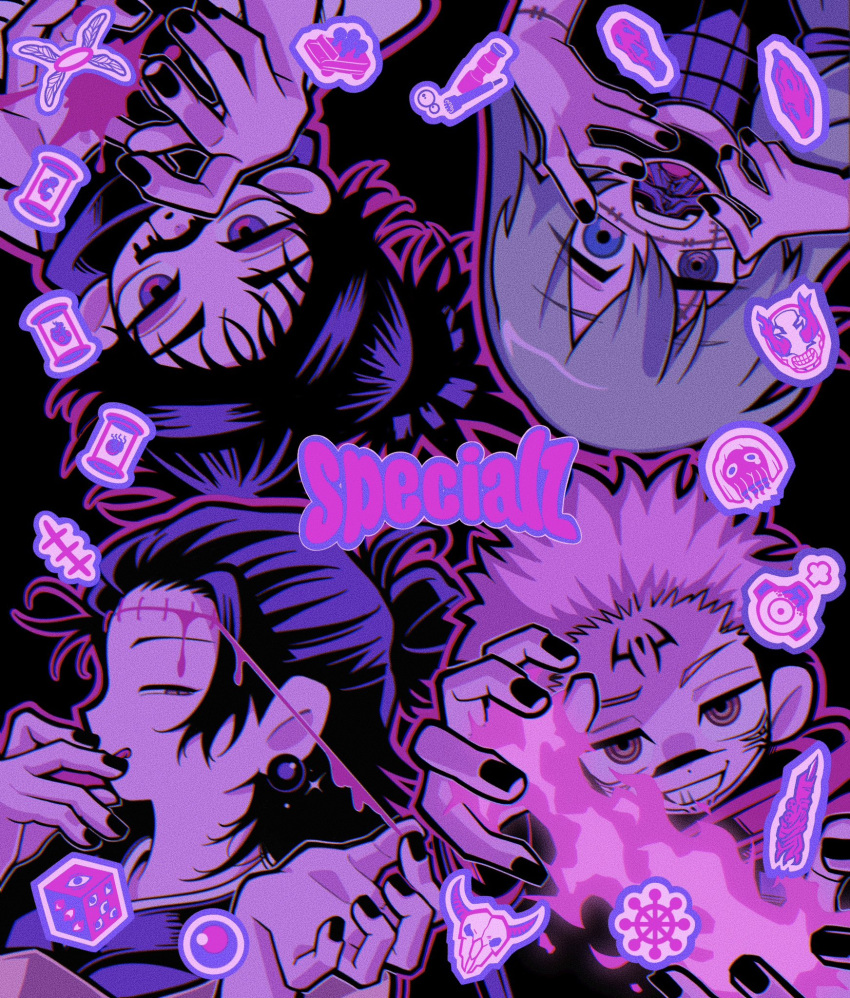 4boys, :q, black_background, black_eyes, black_hair, black_kimono, black_nails, black_shirt