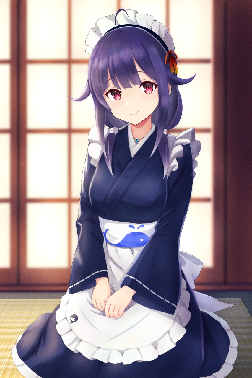 1girl, ahoge, alternate_costume, animal_print, apron, black_kimono, enmaided, fish_print