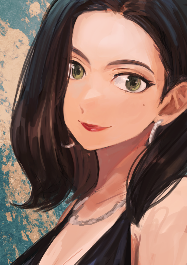 1girl, ana_de_armas, animification, black_dress, breasts, brown_hair, character_request, dress, earrings, green_eyes, james_bond_(series), jewelry, lips, looking_at_viewer, mole, portrait, smirk, sonoda_(mzm), translation_request, upper_body