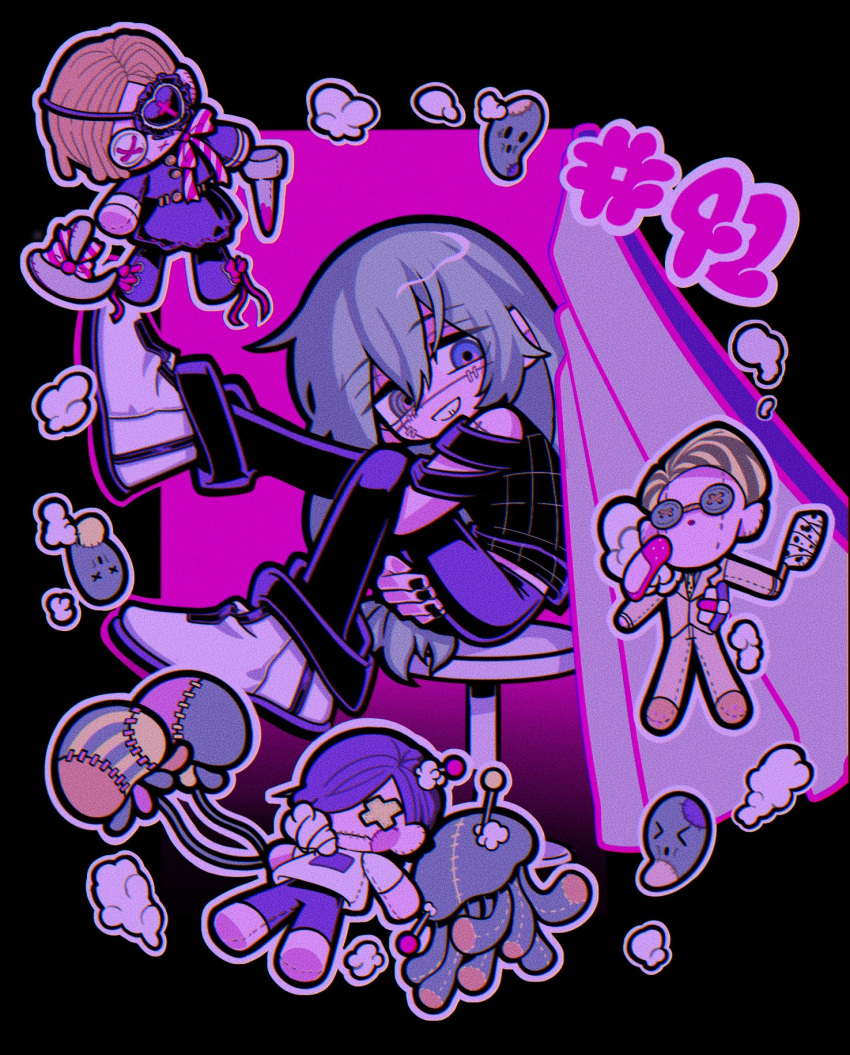1boy, black_background, black_nails, black_pants, black_shirt, blue_eyes, blue_hair, character_doll