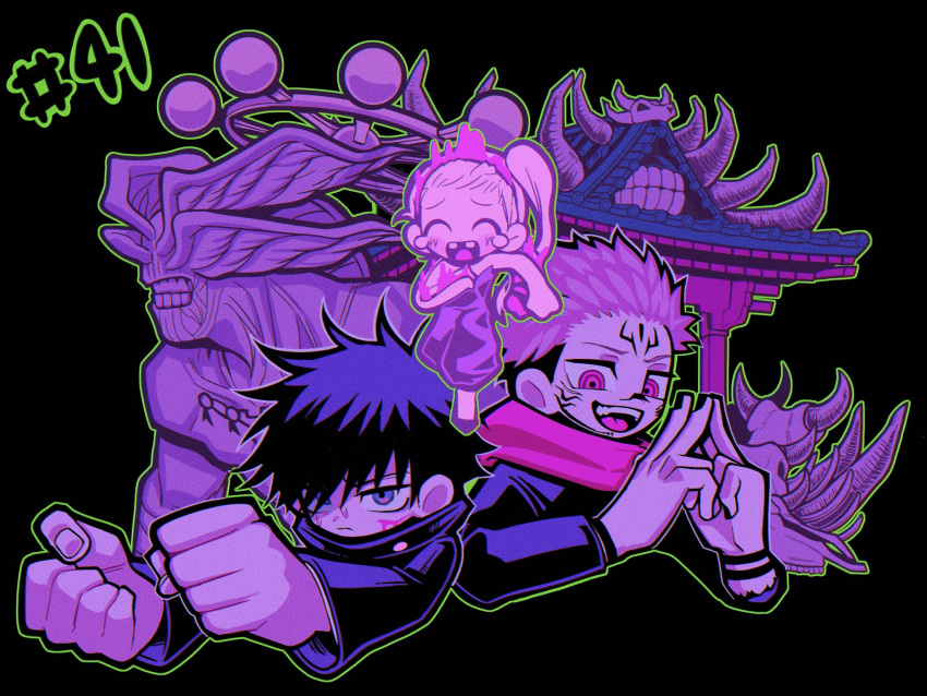 3boys, :d, ^_^, architecture, black_background, black_eyes, black_hair, black_jacket, black_nails, black_pants, blonde_hair, blood, clenched_hands, closed_eyes, closed_mouth, east_asian_architecture, facial_tattoo, fushiguro_megumi, hands_up, highres, hood, hood_down, hoodie, inuo2772, itadori_yuuji, jacket, jujutsu_kaisen, jujutsu_tech_uniform, long_hair, long_sleeves, mahoraga_(jujutsu_kaisen), missing_tooth, monster, multiple_boys, open_mouth, pants, pink_hair, red_eyes, red_hoodie, ryoumen_sukuna_(jujutsu_kaisen), school_uniform, shigemo_haruta, short_hair, side_ponytail, smile, tattoo, teeth, wings
