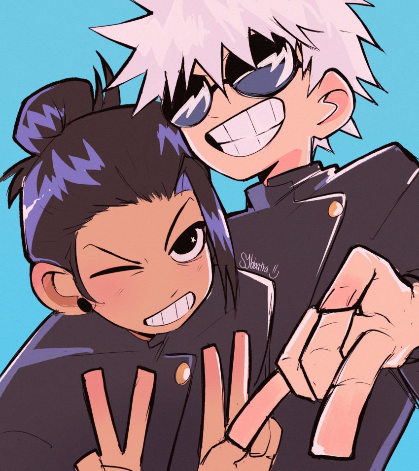 2boys, \n/, black_eyes, black_hair, black_jacket, blue_background, double_v, ear_piercing