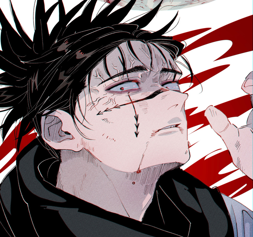 1boy, black_eyes, black_hair, black_scarf, blood, blood_on_face, choso_(jujutsu_kaisen), constricted_pupils